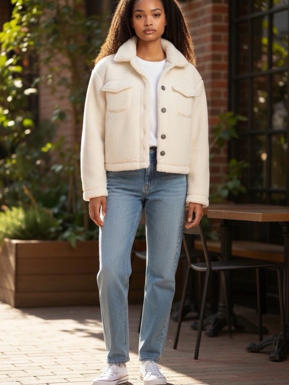 Cropped Creammy White Teddy Sherpa Jacket with Button Front